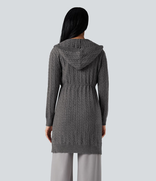 Cardigan long à capuche cordon de serrage manches longues
