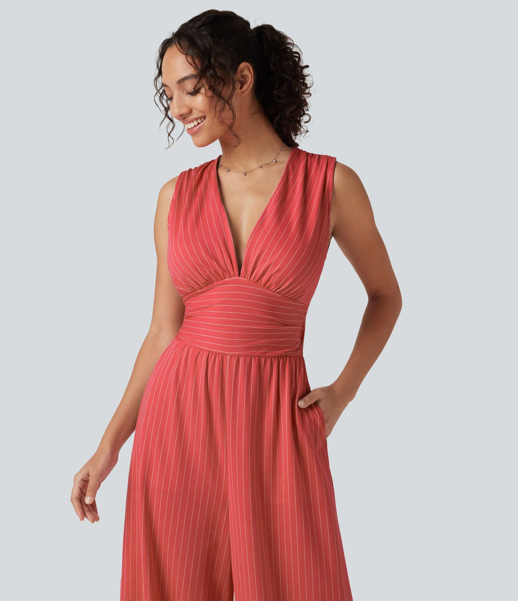 Combinaison tailleur col V sans manches à rayures et fronces avec poches - Easy Peasy