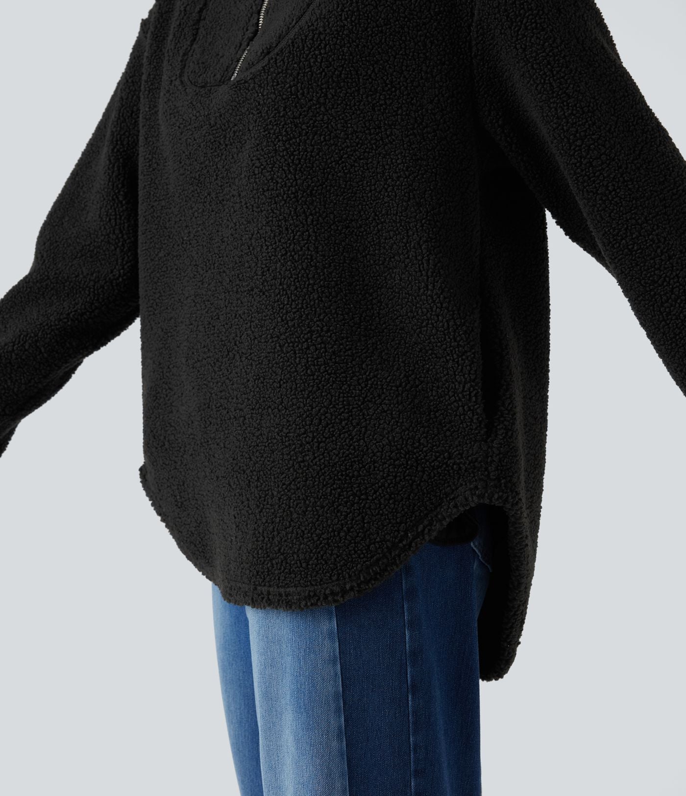 Sweat-shirt sherpa oversize à capuche et demi-zip avec ourlet arrondi et poches