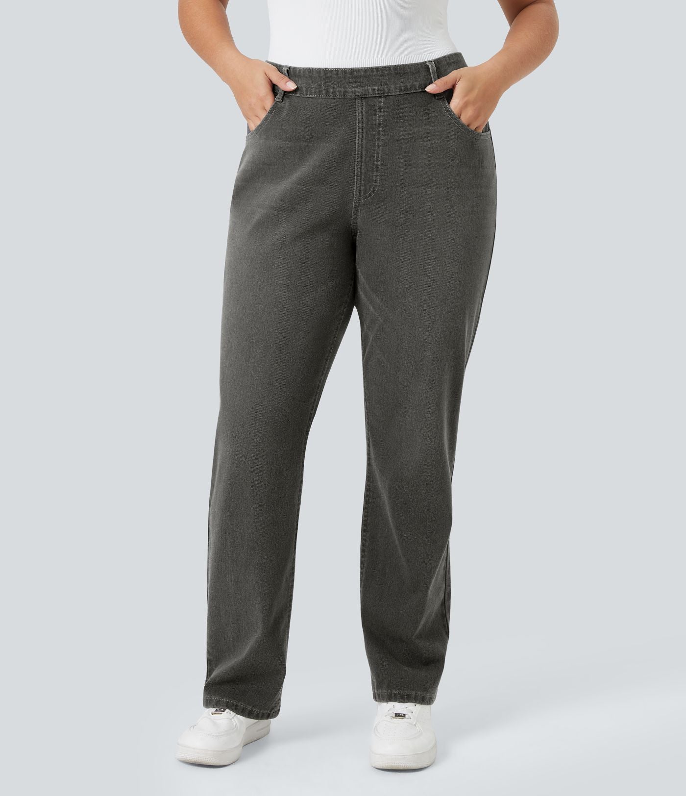 Jean décontracté Halara Flex™ grande taille, taille haute, multiples poches, jambes droites, effet délavé, en maille extensible