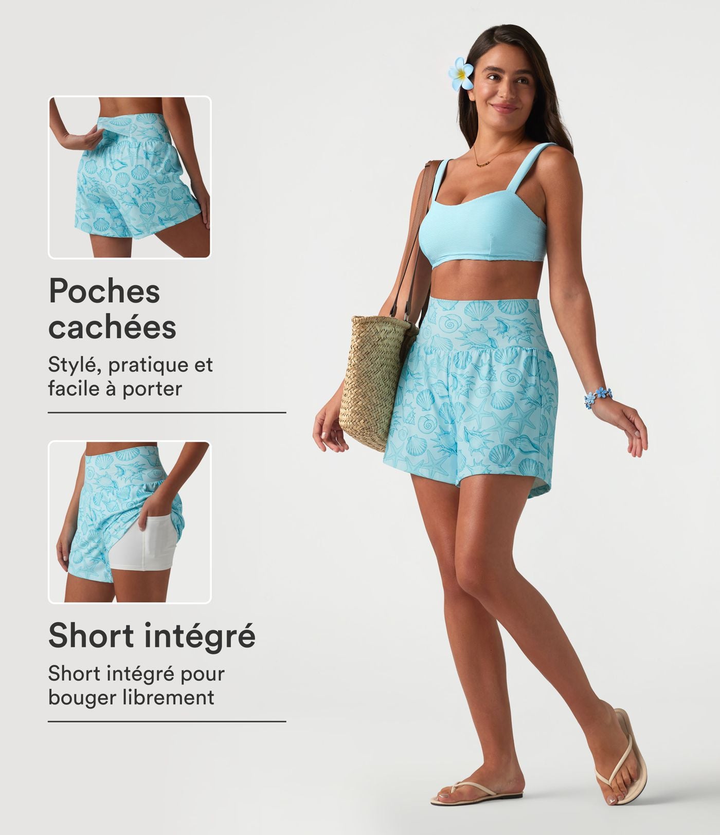 Short taille haute 2 en 1 à motif coquillage 12,5 cm avec poches