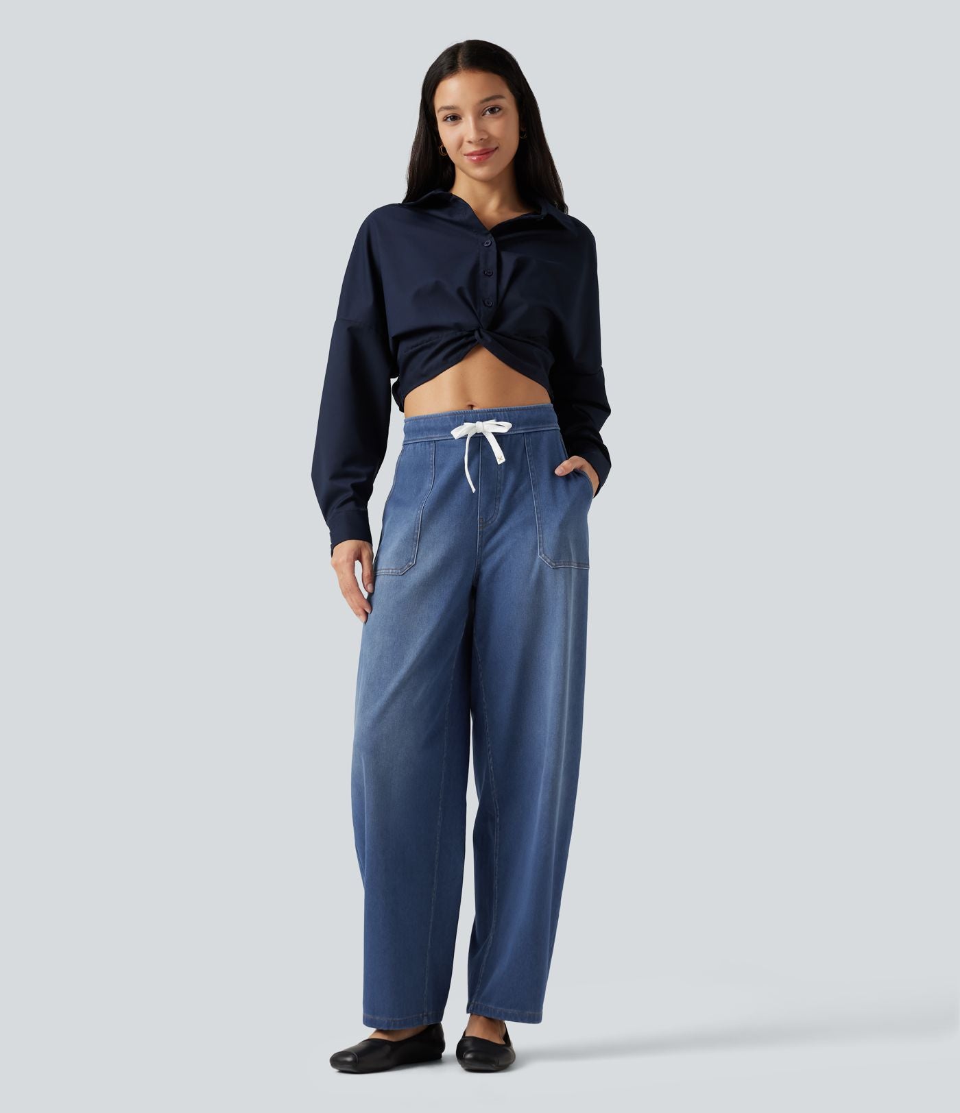 Jean barrel Halara Flex™ taille mi-haute avec cordon de serrage et poches