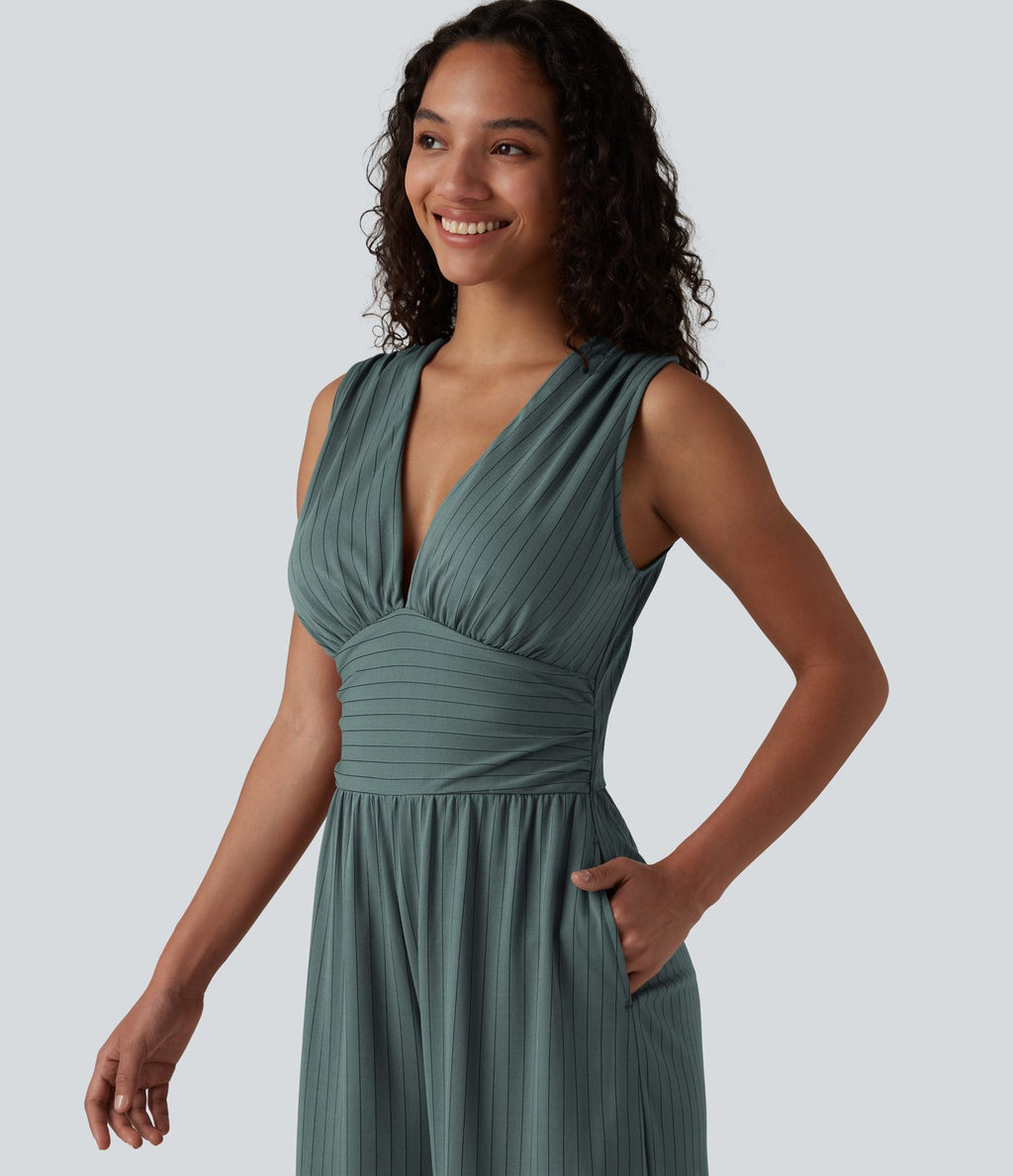Combinaison tailleur col V sans manches à rayures et fronces avec poches - Easy Peasy