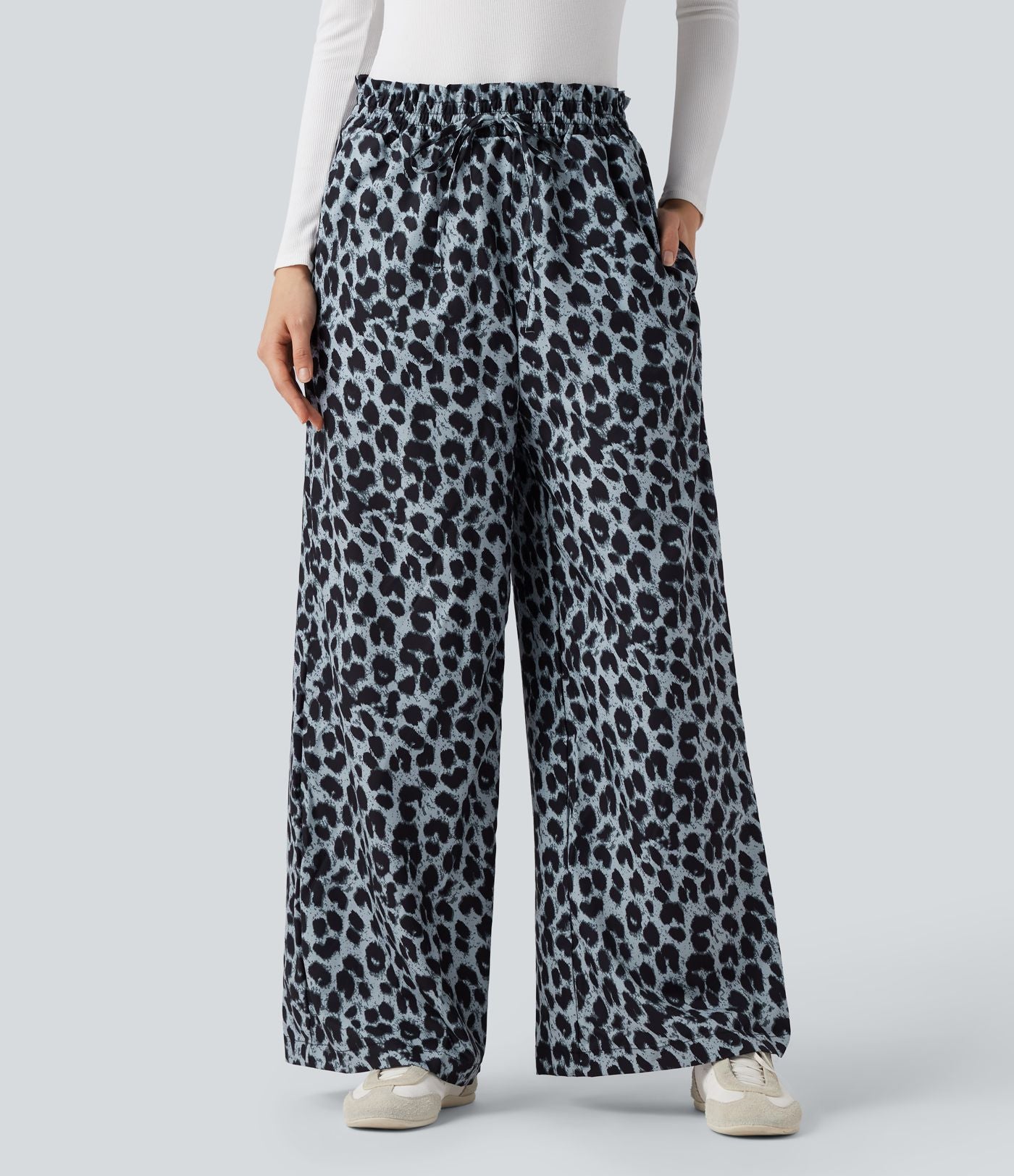 Pantalon large et fluide à imprimé léopard, taille haute avec cordon de serrage et poches latérales