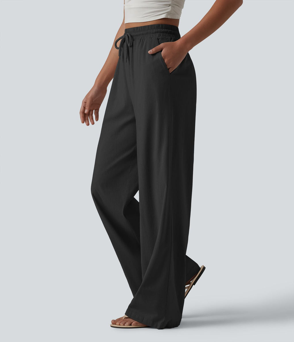 Pantalon large fluide en lin stretch taille haute avec cordon de serrage et poches