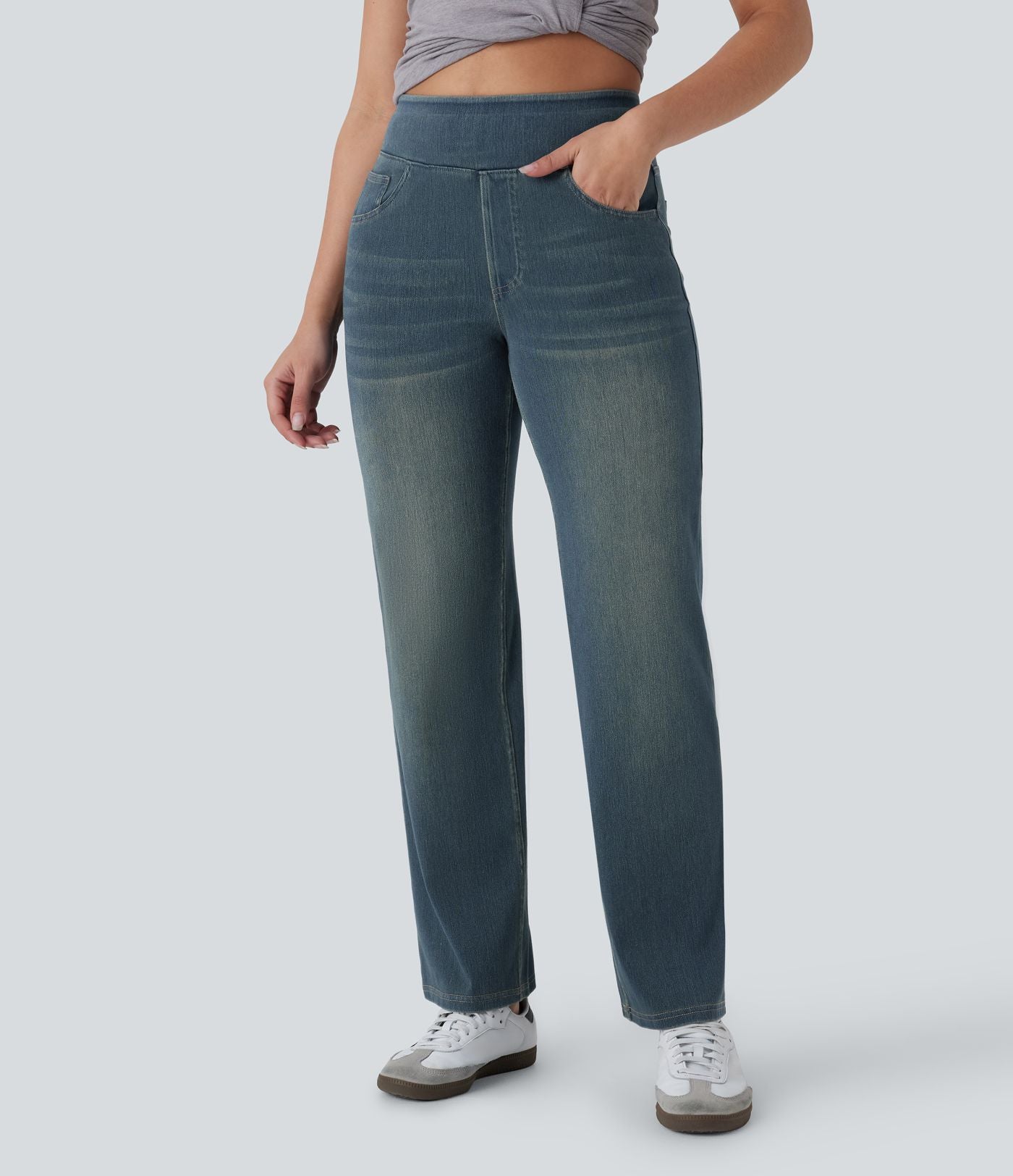Jean décontracté Halara Flex™ taille haute, extensible, délavé, jambes droites avec poches multiples