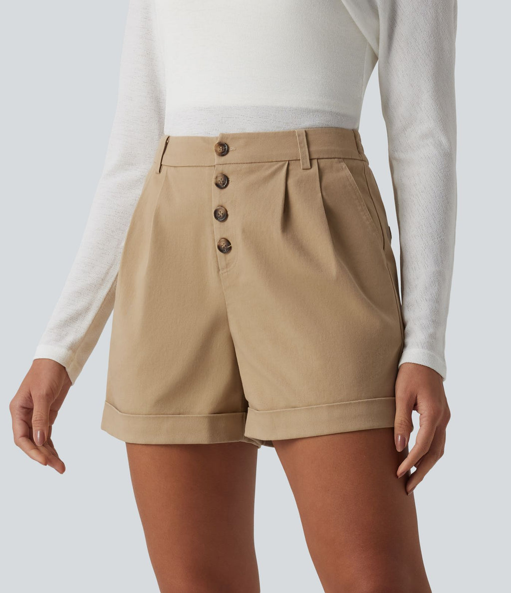 Short chino casual ample coton taille mi-haute à ourlet retroussé avec poches