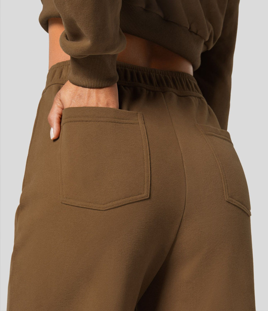 Pantalon Jogging en Fleece Thermique Jambe Droite Boutons Taille Haute Plusieurs Poches