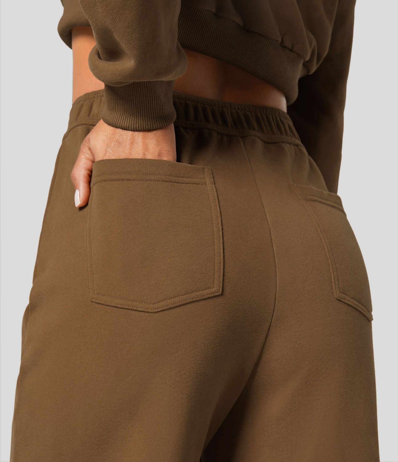 Pantalon Jogging en Fleece Thermique Jambe Droite Boutons Taille Haute Plusieurs Poches