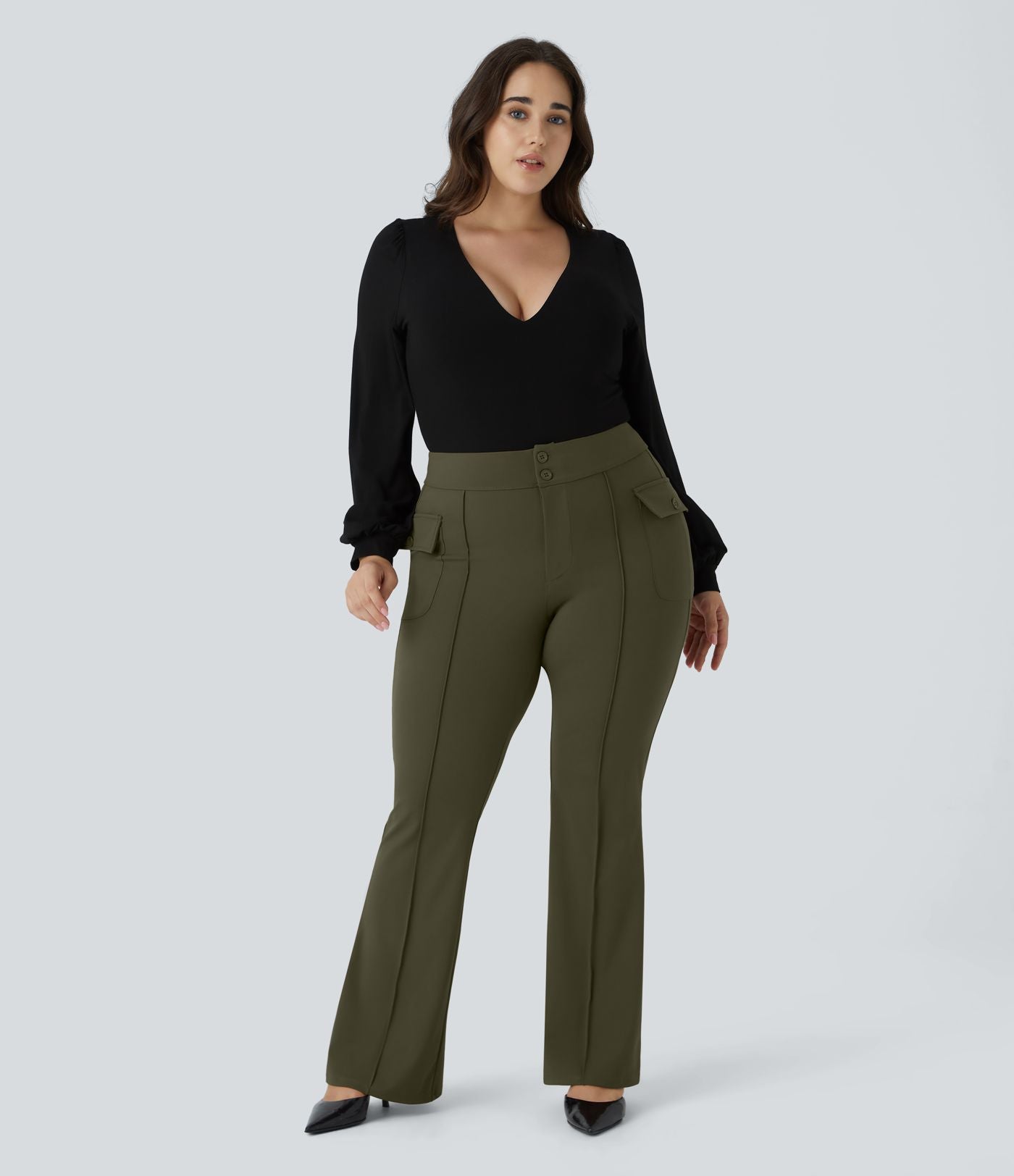 Pantalon cargo évasé taille haute grande taille avec poches à rabat latérales