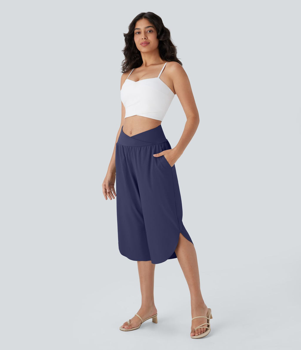 Pantalon capri de vacances Breezeful™ taille haute croisée avec poches latérales, fente et séchage rapide