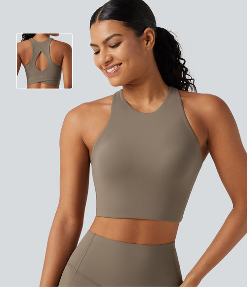 Brassière de running maintien léger frais au toucher à séchage rapide avec encolure arrondie, découpe, coussinets amovibles et protection solaire UPF50+
