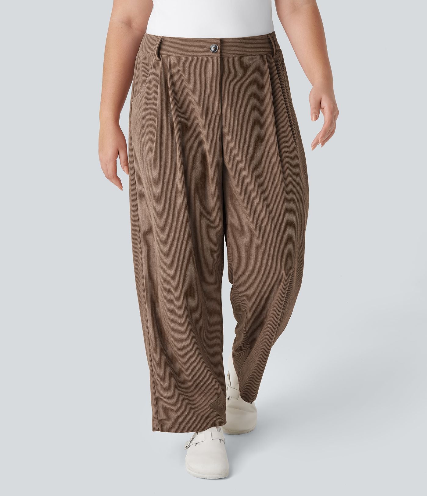 Pantalon Casual Grande Taille Velours Côtelé Taille Mi-haute Boutonnés Fermeture Éclair Poches Latérales