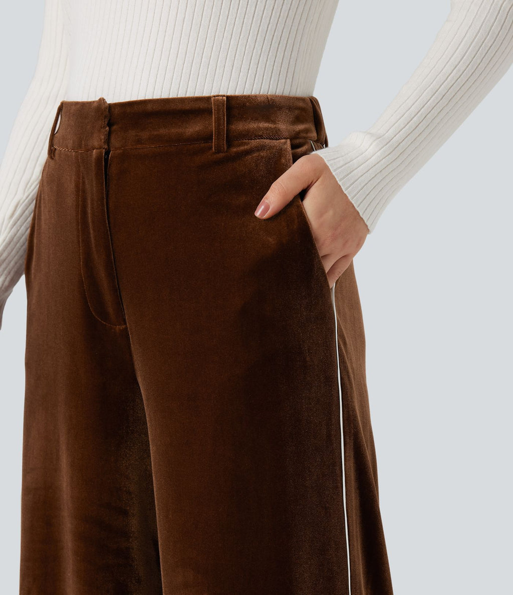 Pantalon velours color block coupe droite taille haute avec poches