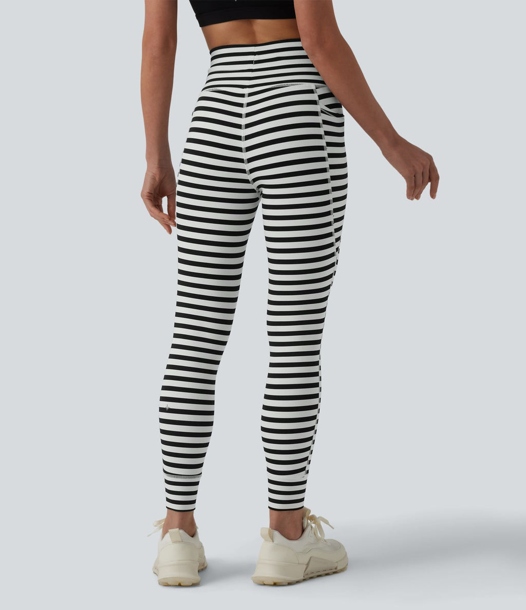 Legging yoga 7/8 taille haute à rayures et cordon de serrage avec poches
