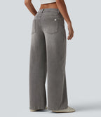 Halara Flex™ Jean large asymétrique taille basse avec bouton, fermeture éclair et poches multiples, délavé et extensible en maille
