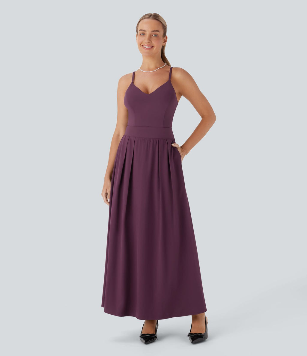 Robe longue fourreau Breezeful™ à dos nu, poches latérales, fluide et séchage rapide pour demoiselle d'honneur et invitée de mariage