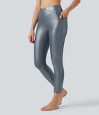 Legging de yoga en maille côtelée taille haute croisée avec imprimé métallisé et poches