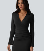 Robe midi décontractée à col en V et manches longues froncées