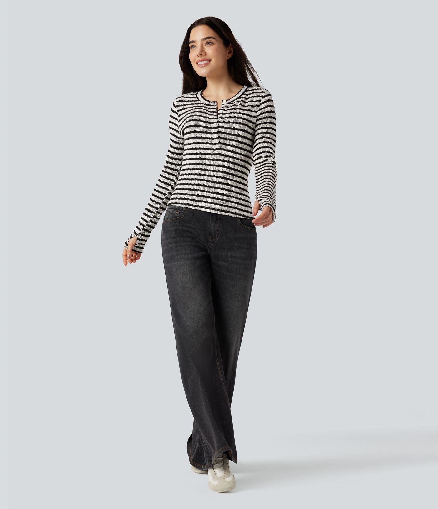 T-shirt rayé col Henley manches longues avec trous pouces