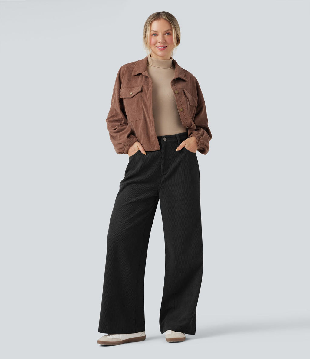 Pantalon large décontracté en velours côtelé taille haute avec poches