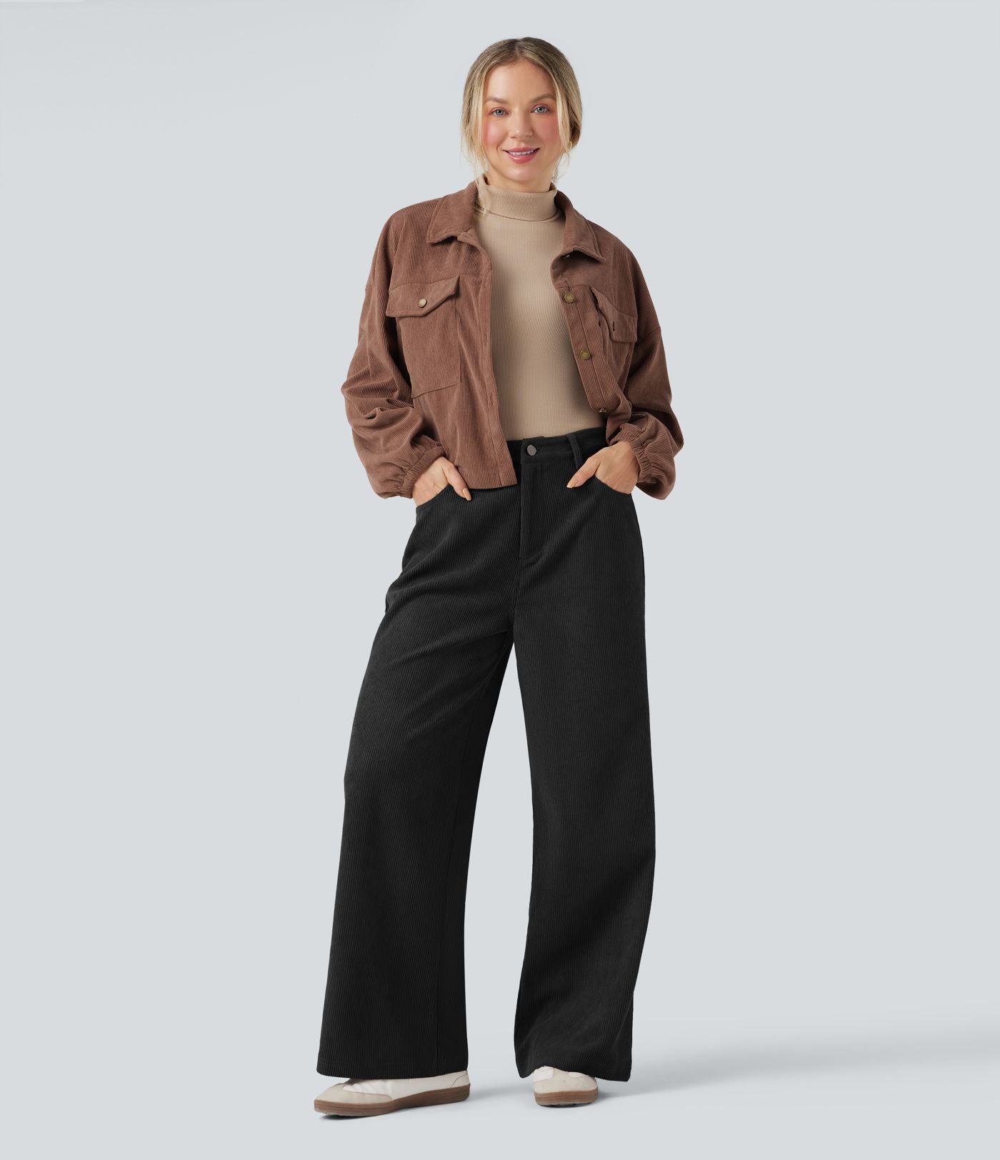 Pantalon large décontracté en velours côtelé taille haute avec poches