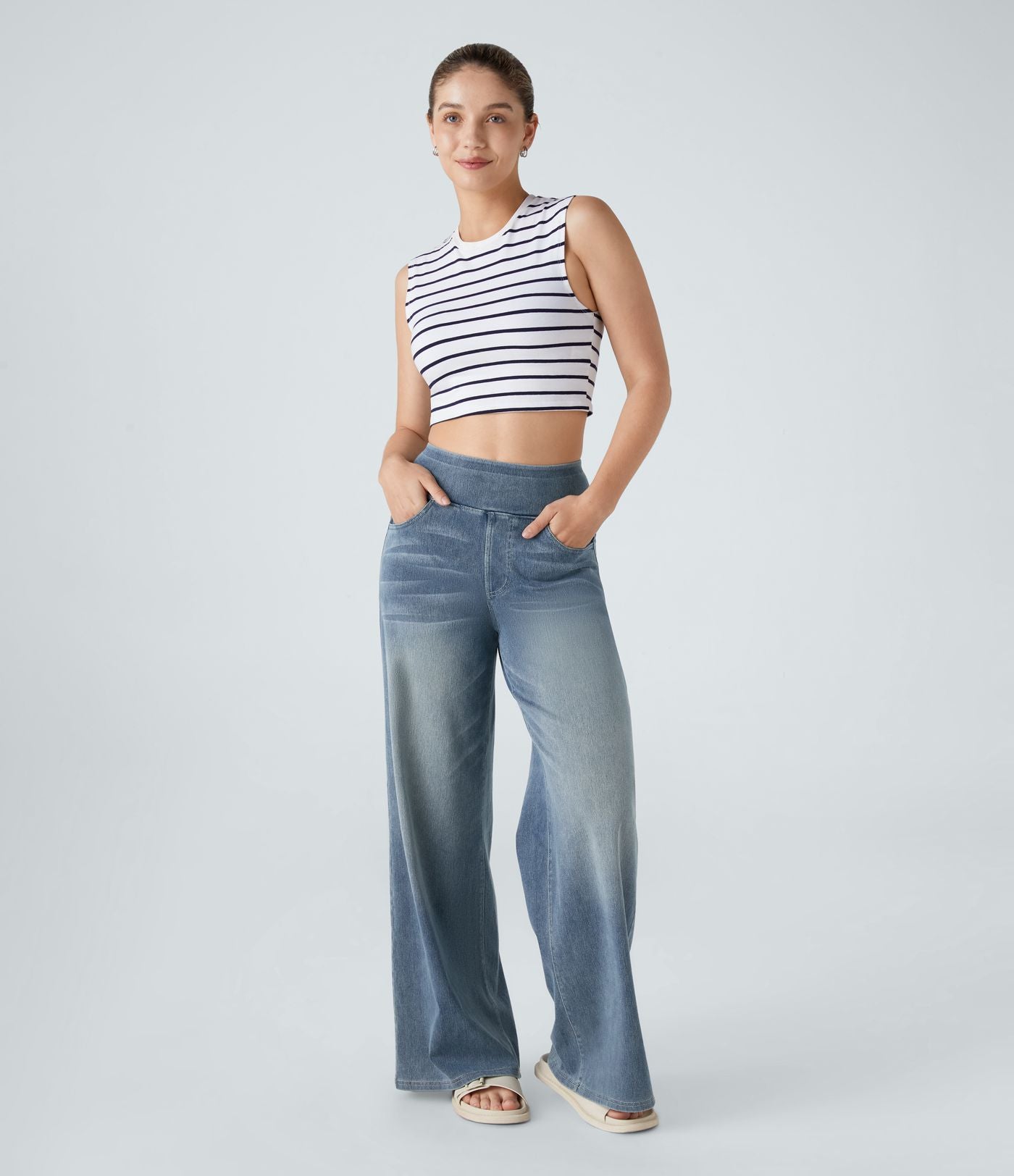 Halara Flex™ Jean Large Casual Taille Haute Poches Multiples Tricot Extensible Délavé