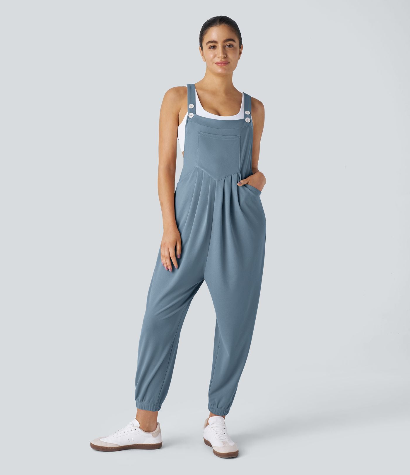 Salopette Casual Bretelles Ajustables Boutonnés Multiples Poches Plis et Tissu Gaufré