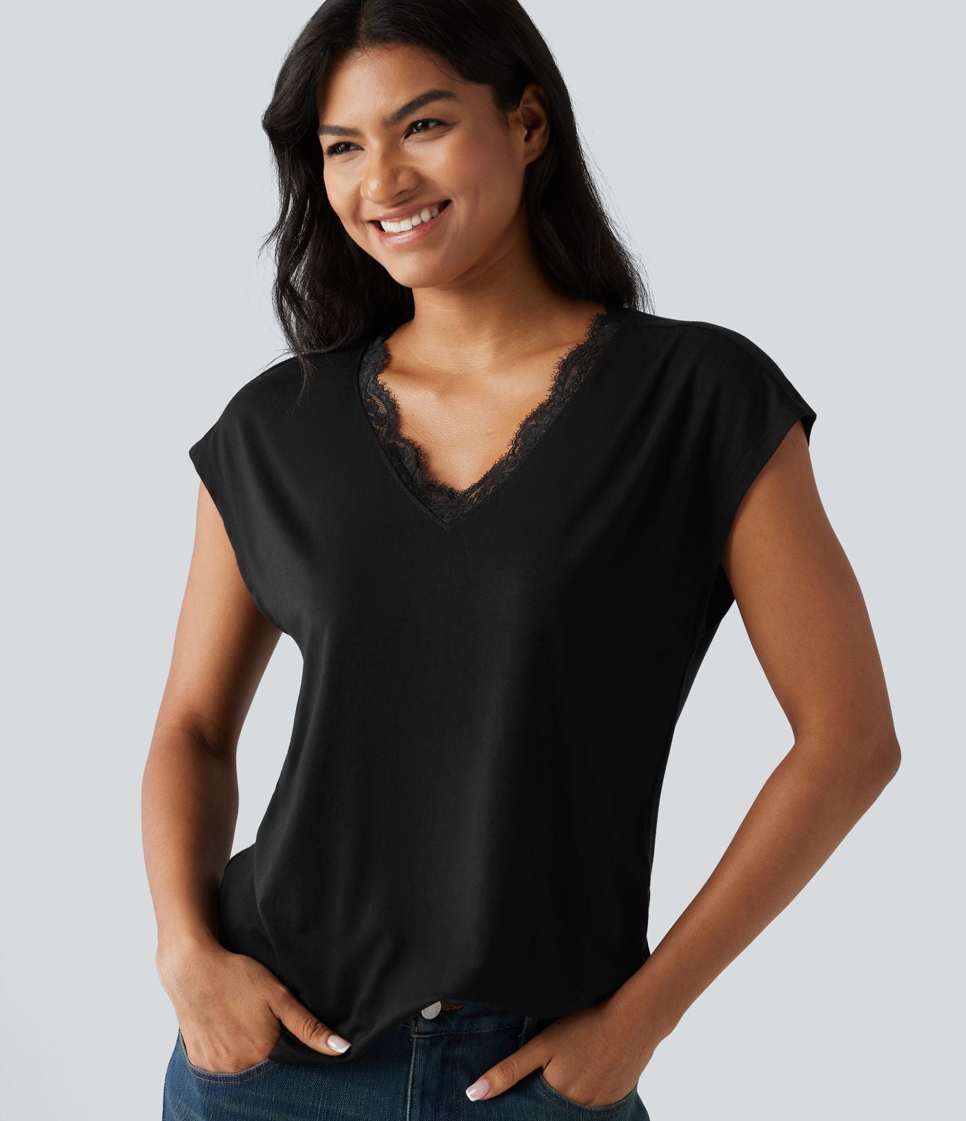 T-shirt décontracté en dentelle col V manches courtes
