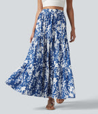 Jupe longue fluide taille haute à volants superposés imprimé floral pour les vacances