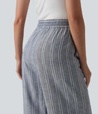 Pantalon tailleur large en lin rayé taille haute avec cordon de serrage et poches