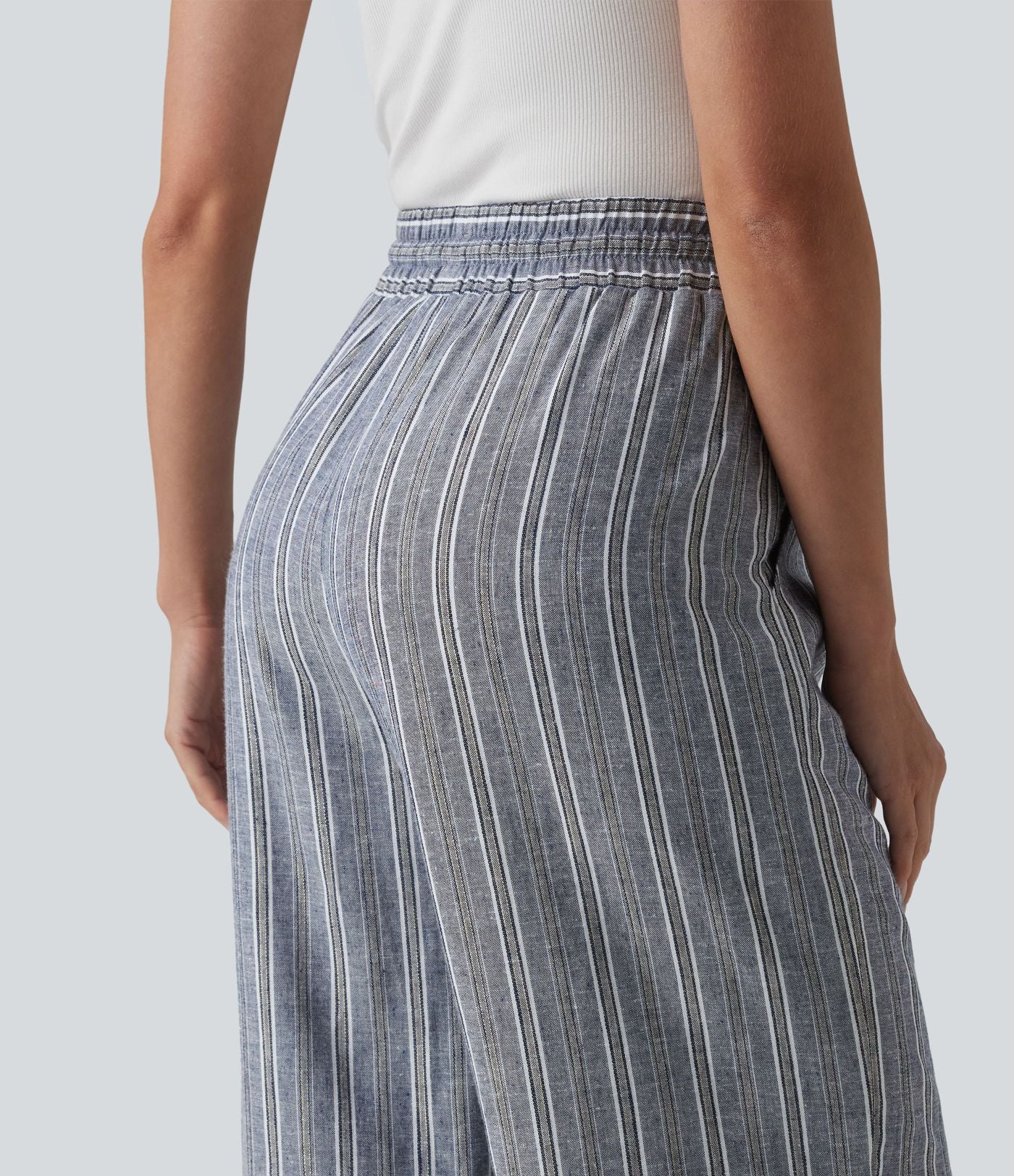Pantalon tailleur large en lin rayé taille haute avec cordon de serrage et poches