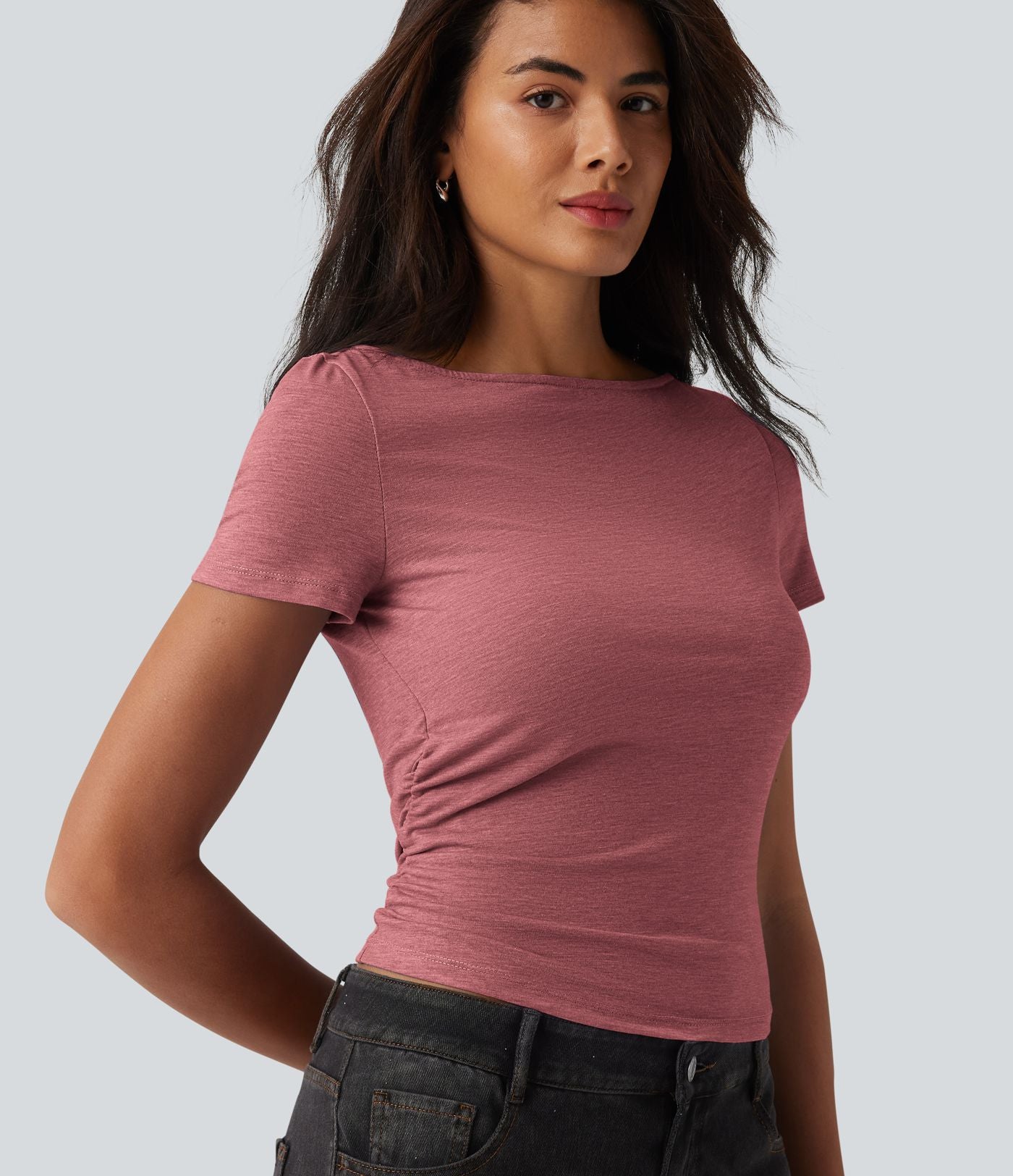 T-shirt décontracté col bateau manches courtes froncé