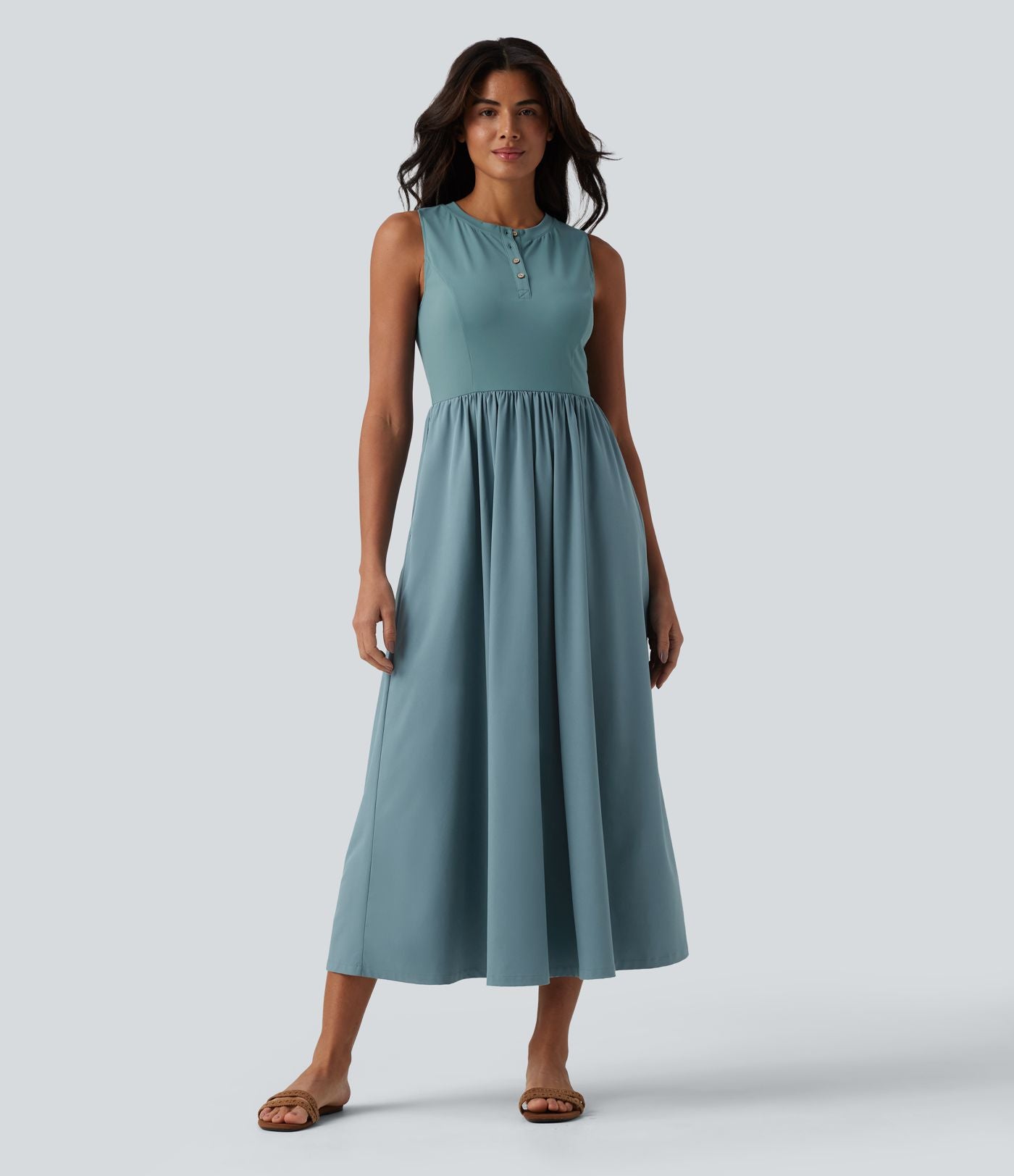 Robe midi évasée fluide décontractée Breezeful™ col Henley sans manches à séchage rapide avec poches