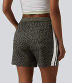 Short ample décontracté à taille mi-haute, cordon de serrage, rayures color block, imprimé léopard contrastant, 12,5 cm, avec poches