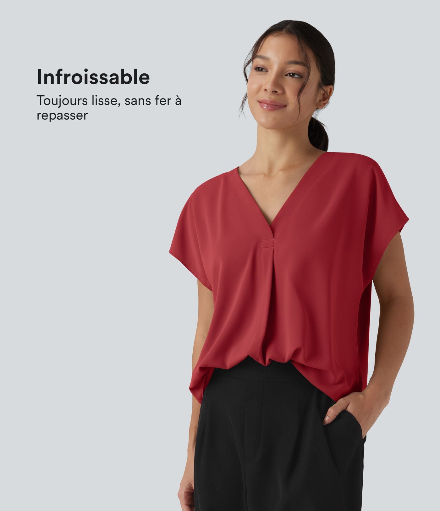 Blouse esprit bureau oversize défroissage facile, col V et manches courtes