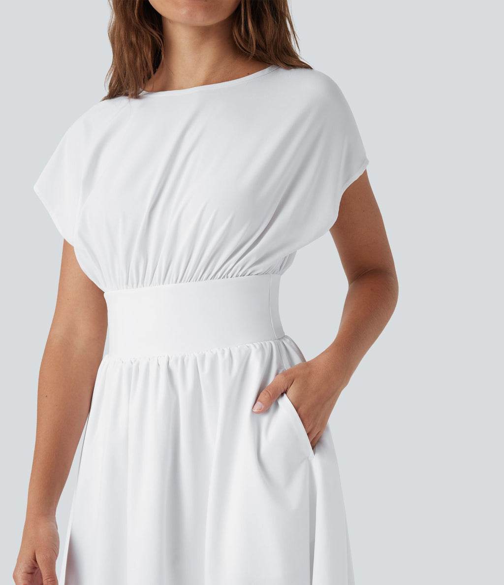 Robe de travail mini Breezeful™ manches chauve-souris courtes fluide séchage rapide avec poches latérales