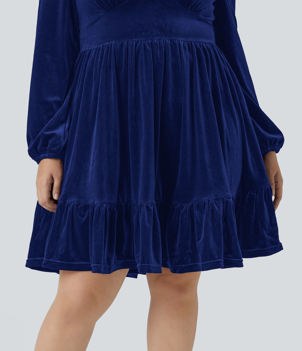 Quotidien de Robe Velours Mini Grande Taille avec Décolleté Profond en V et Ourlet à Volants
