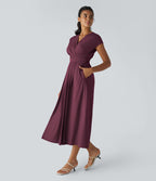 Breezeful™ Robe Mi-Longue Col en V Manches Courtes Poche Latérale Nouée au Dos Séchage Rapide
