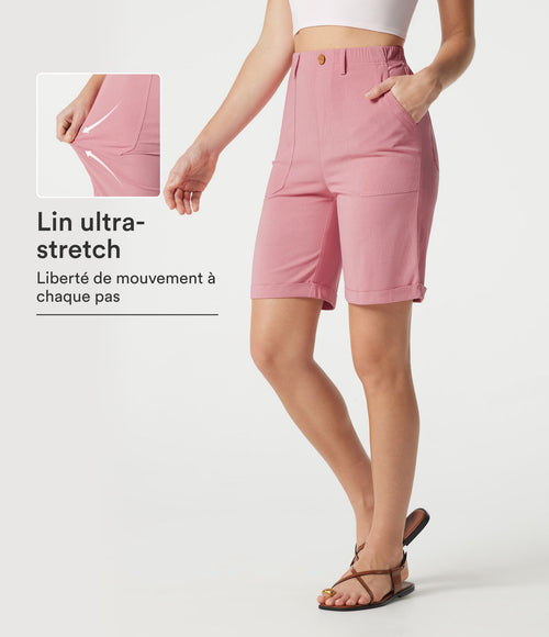 Bermuda casual taille haute en lin stretch avec ourlets retroussés et poches