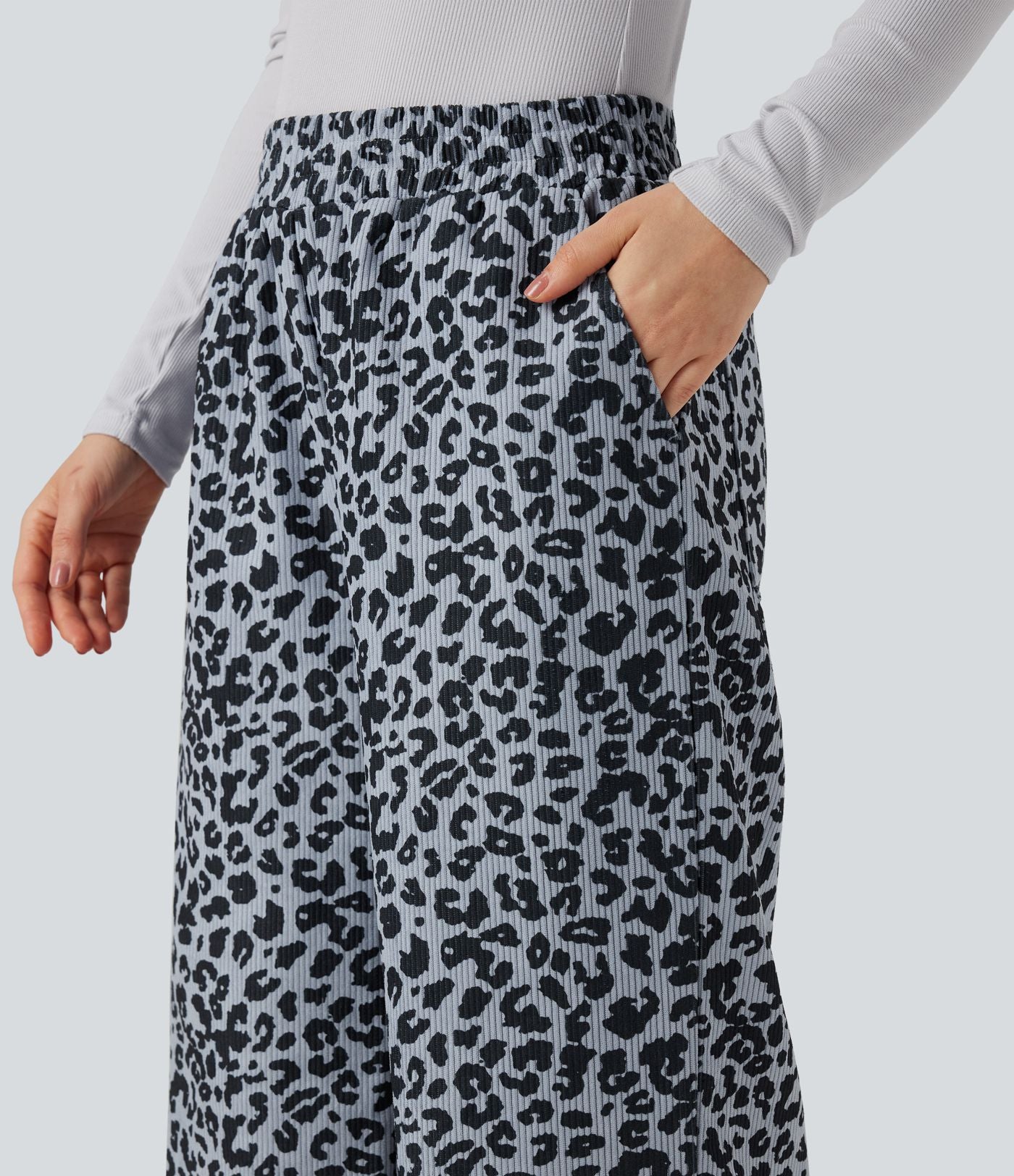 Pantalon léopard ample décontracté velours côtelé imprimé taille haute avec poches