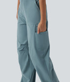 Pantalon cargo casual en popeline extensible coupe droite taille haute avec poches