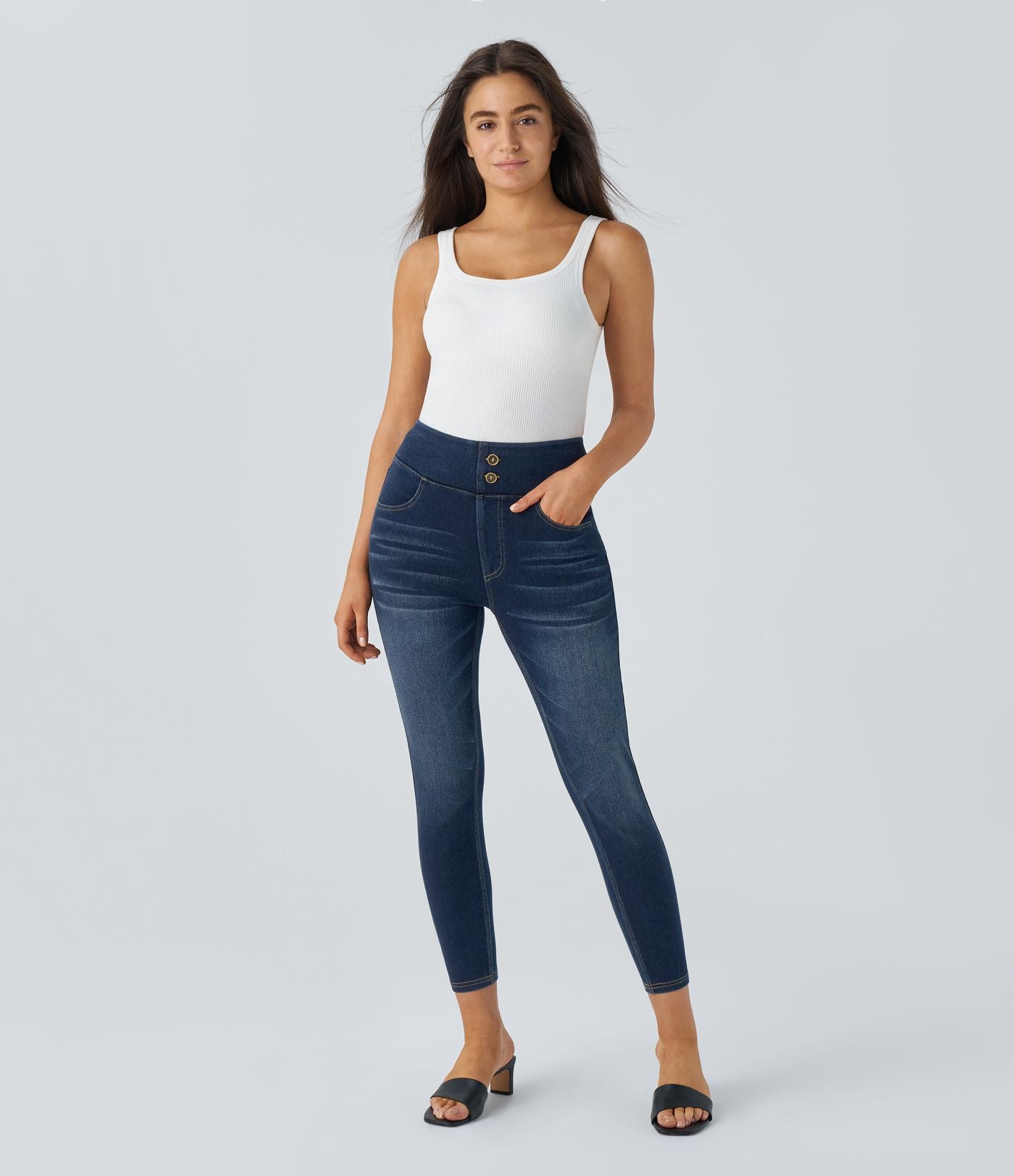 Halara Flex™ Jean Casual 7/8 à Taille Haute pour Courbes avec Boutons Décoratifs Plusieurs Poches Tricot Extensible et Lavé