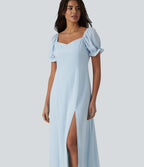 Robe de demoiselle d'honneur et d'invitée de mariage en mousseline fendue col Reine Anne manches bouffantes longueur midi