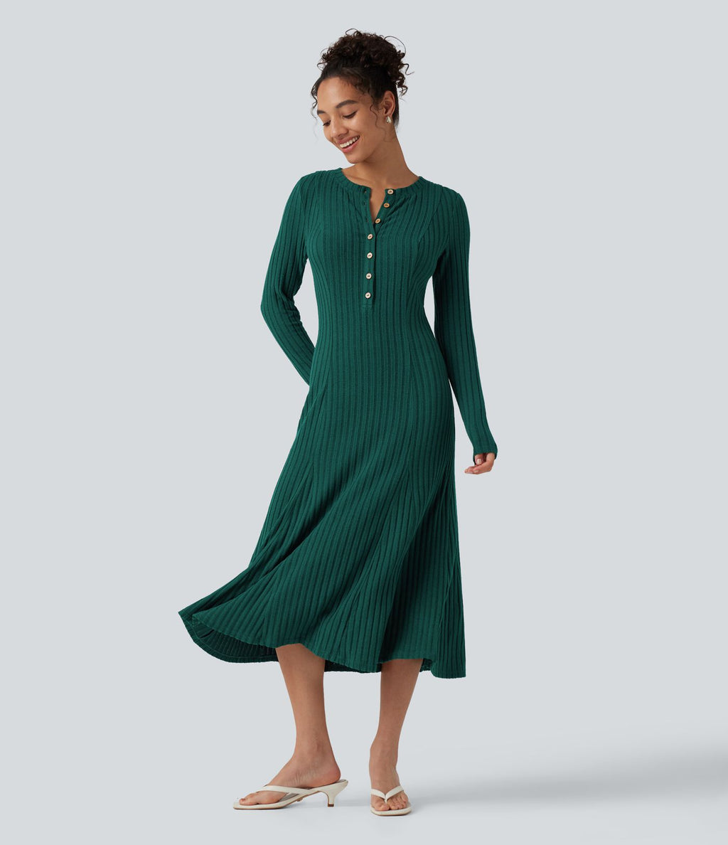Robe midi fluide en maille côtelée à col Henley et manches longues