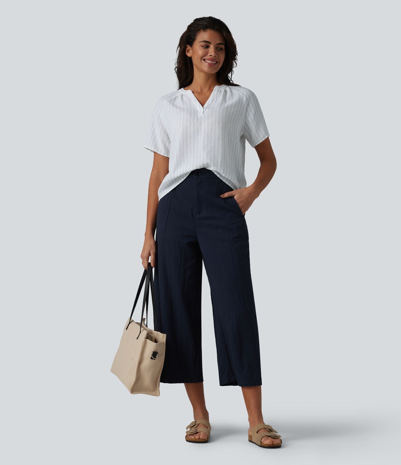 Blouse col V manches courtes à rayures aspect lin