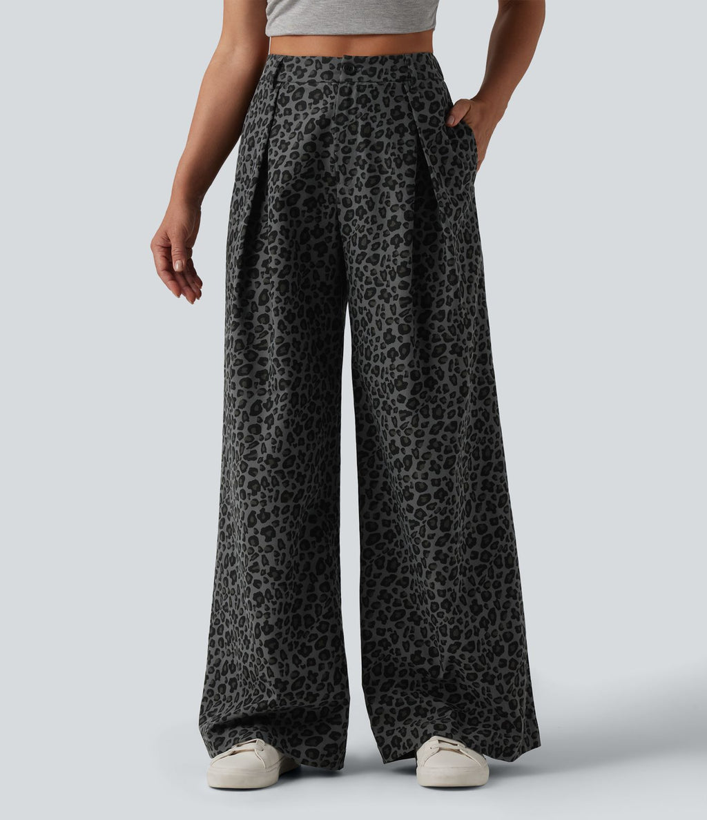 Pantalon large décontracté imprimé léopard taille mi-haute avec poches
