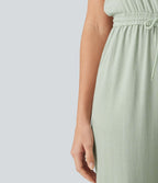 Combinaison casual col rond sans manches avec cordon de serrage, aspect lin et poches