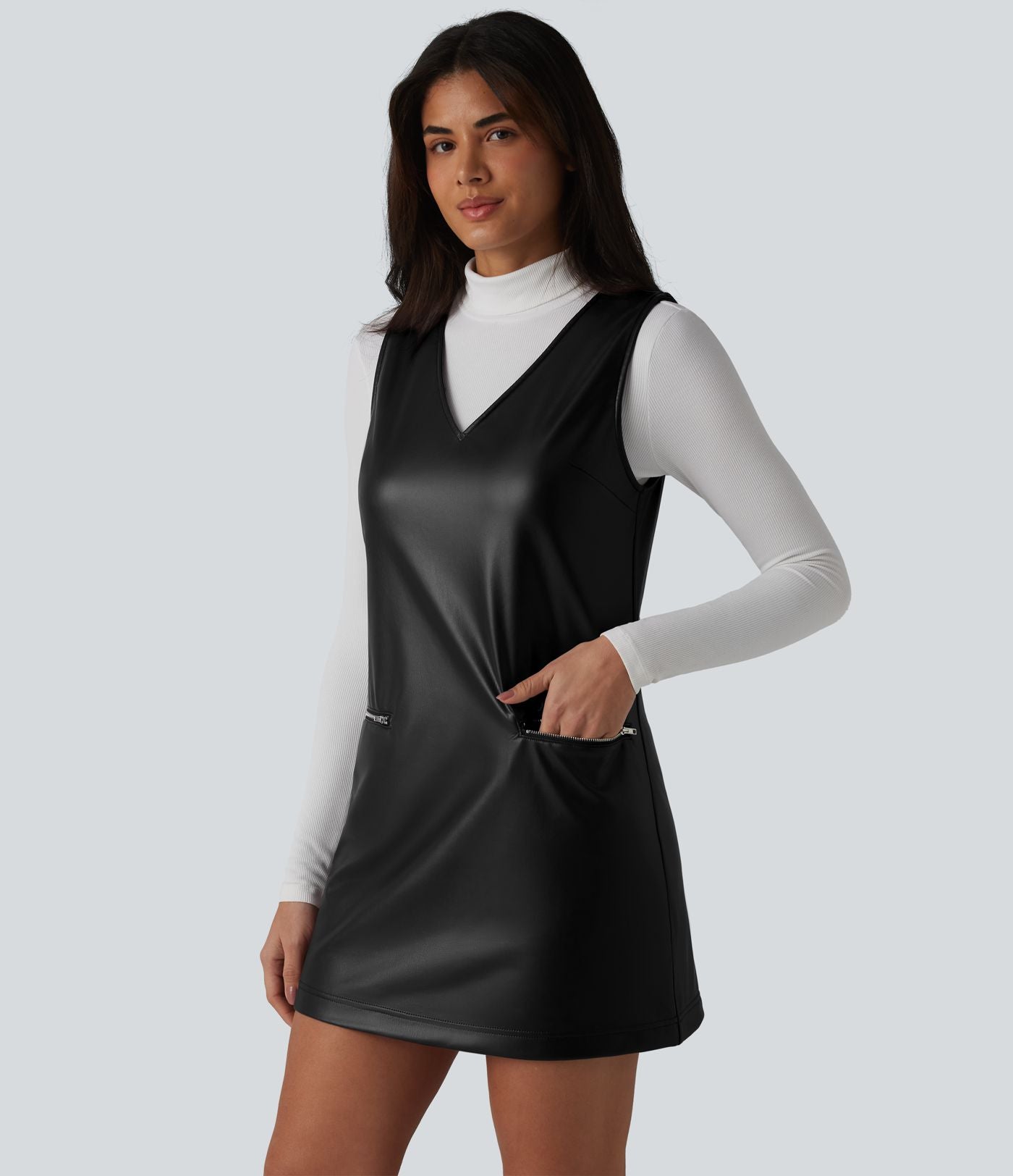 Robe de travail mini sans manches à col en V en polaire PU extensible avec poches