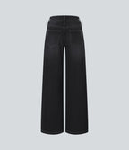 Halara Flex™ Jean Large Casual Taille Basse avec Boutons Zip Multiples Poches Lavés Élastiques et Tricotés
